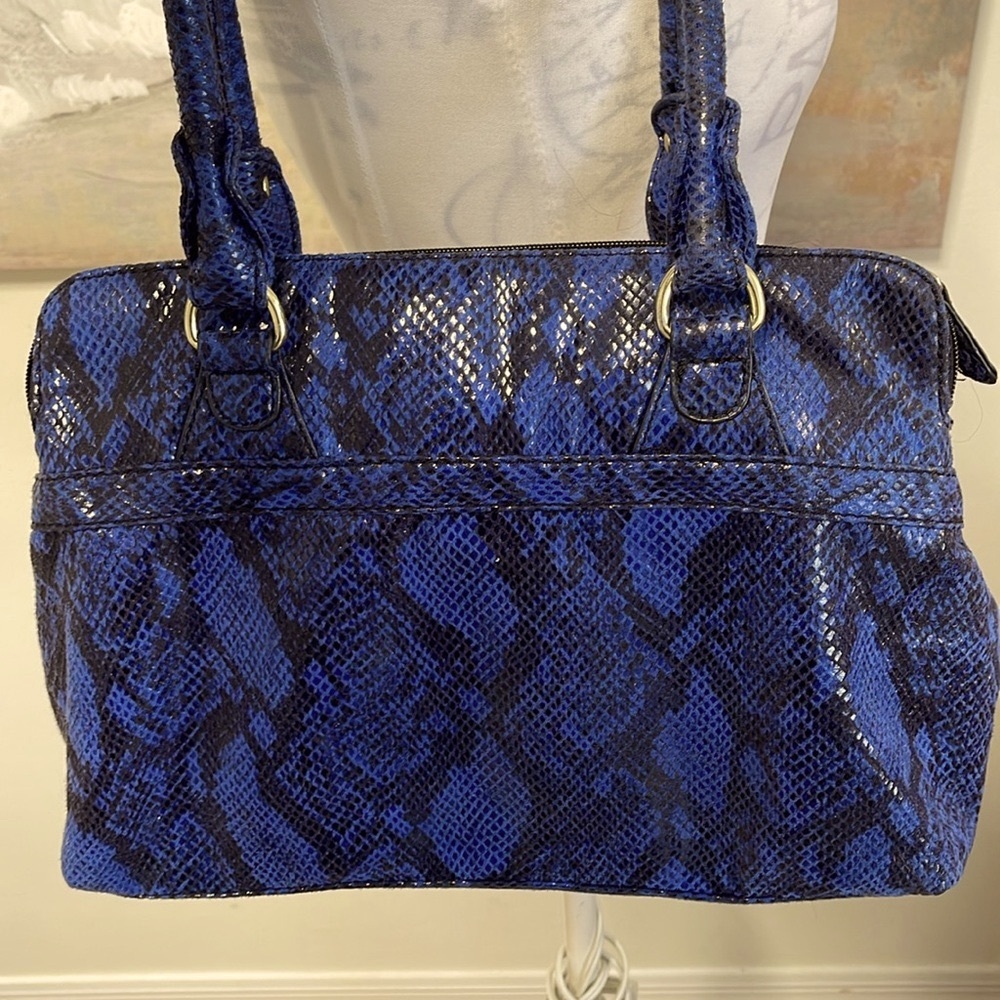MARC FISHER Faux Snakeskin Shoulder Satchel, 3 Compartments,Navy/Black/Gold Trim - Picture 3 of 12